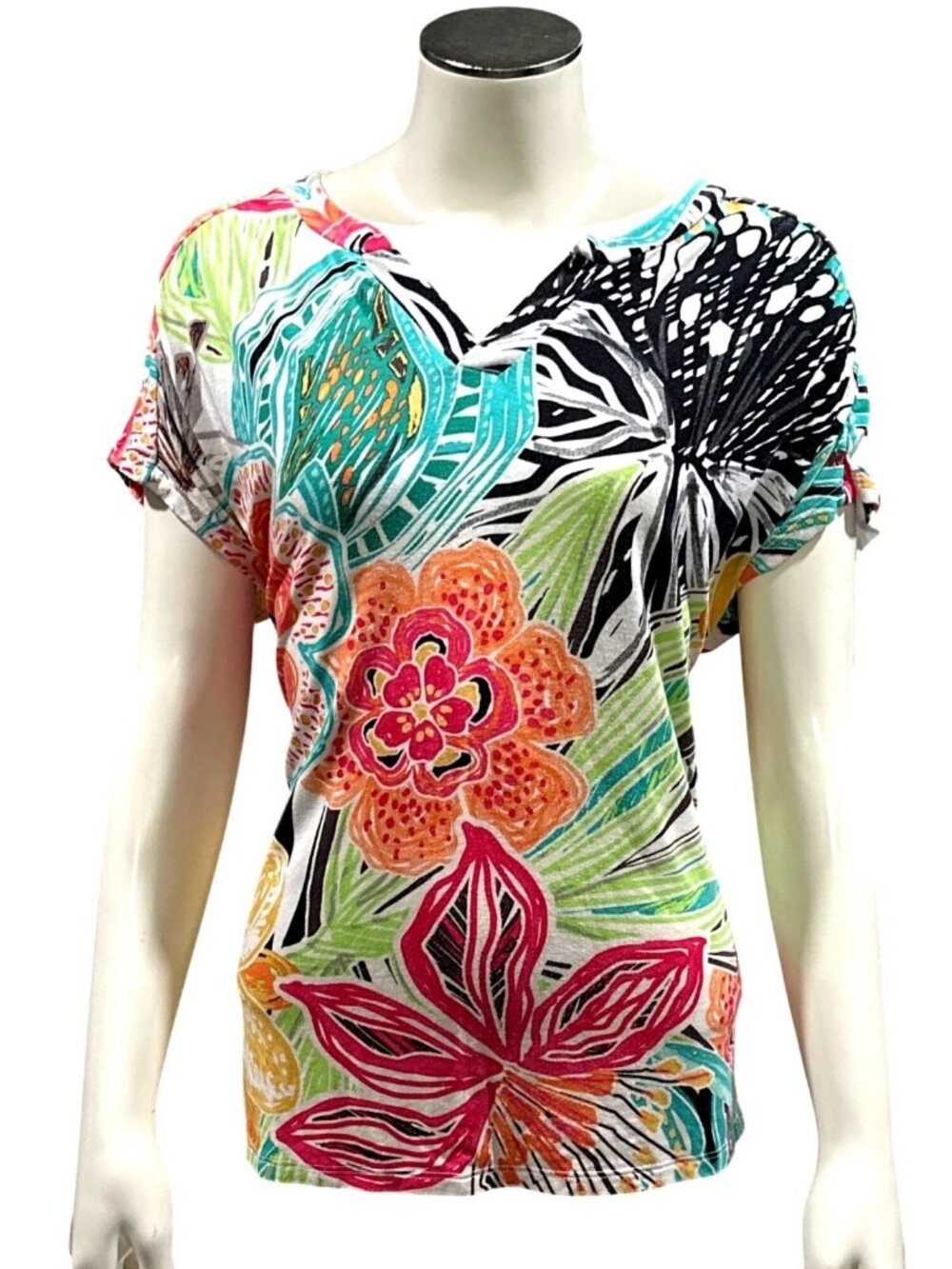 Chicos Size 0 Short Sleeve Blouse Vibrant Multi Colored Floral Abstract Print V